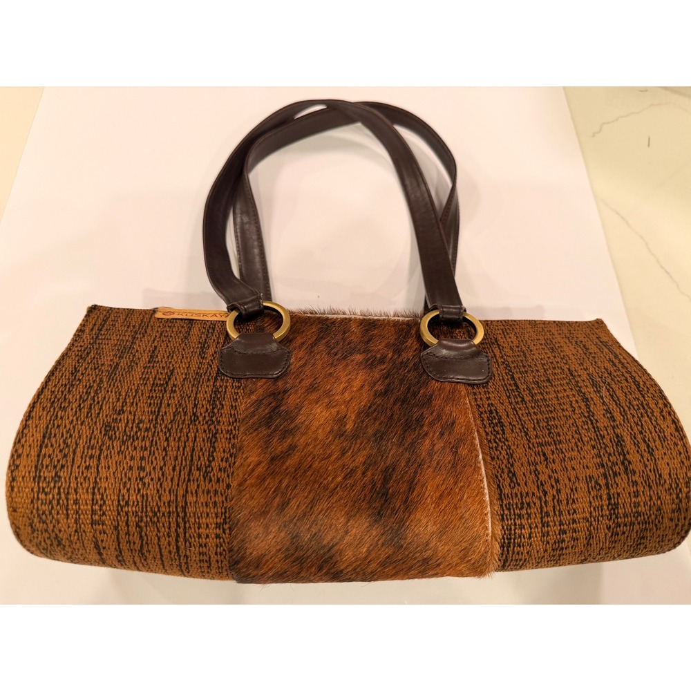 KUSKAY Brown Cowhide and Woven Fabric Barrel Shoulder Bag Western Boho Handbag